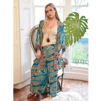 Turquoise And Pink Paisley Viscose Long Summer Jacket, 3 of 4