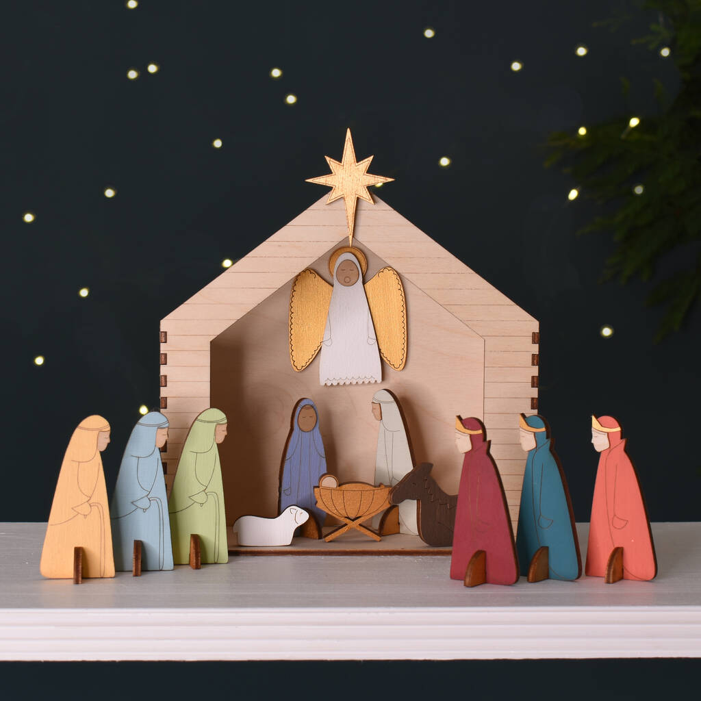 Wooden Hand Painted Christmas Crib Nativity Scene, 1 of 8