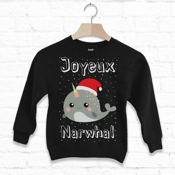 Joyeux Narwhal Kids Christmas Sweatshirt, 2 of 5