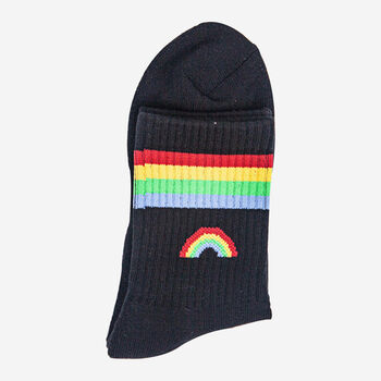 Rainbow Striped Sporty Ribbed Cotton Ankle Socks Women's Black, 2 of 4