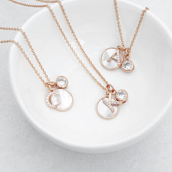 Rose Gold Initial Necklace With Pearl + Crystal Charms, 2 of 8