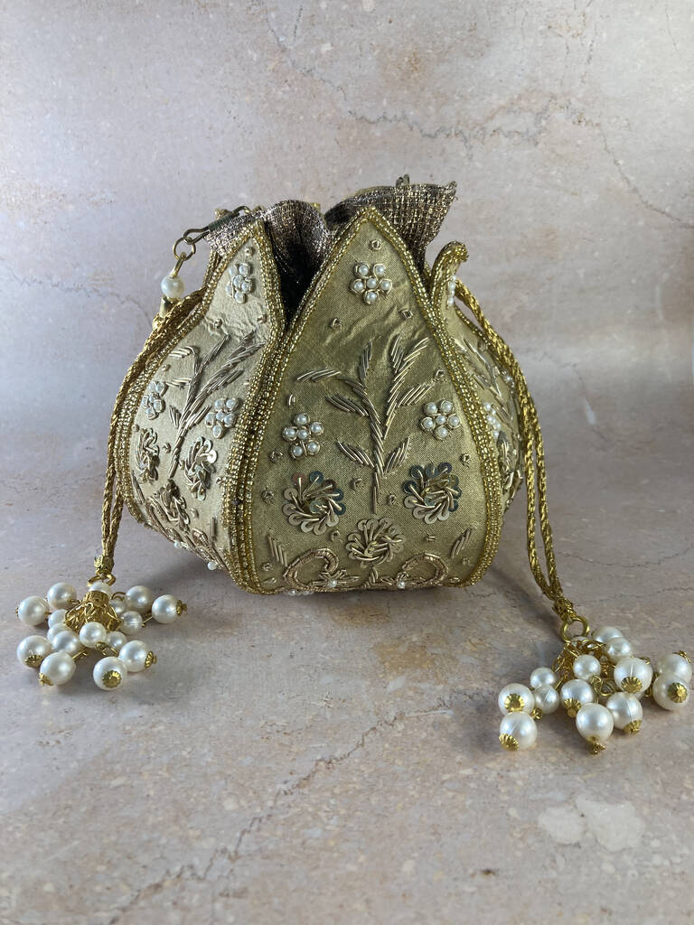 Gold Handcrafted Raw Silk Potli Bag/Wrist Bag By SRCOLLECTION ...