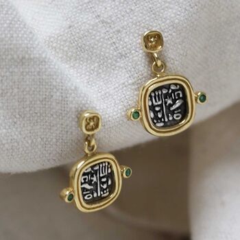 Gold Plated Sterling Silver Hieroglyphics Square Earrings, 10 of 12