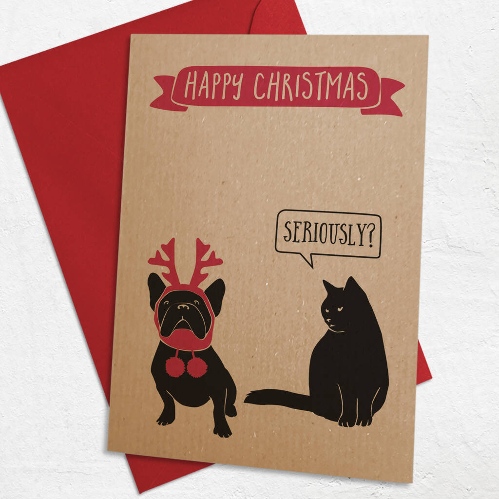Dog And Cat 'Seriously' A6 Size Christmas Card By Jon Hall Design