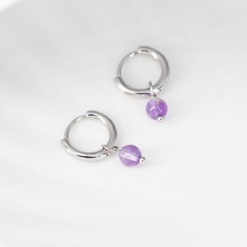 Sterling Silver Natural Lilac Purple Amethyst Bead Huggie Hoop Earrings, 3 of 12