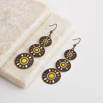 Yellow Multicolour Triple Disc Drop Boho Earrings, 3 of 3