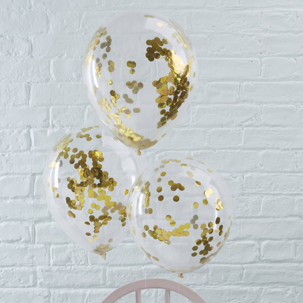 Pack Of Five Gold Confetti Filled Clear Party Balloons, 1 of 3