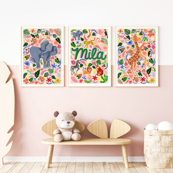 Personalised Colourful Safari Animal Name Print | Jungle Nursery Wall Art | Baby Keepsake Gift, 8 of 9