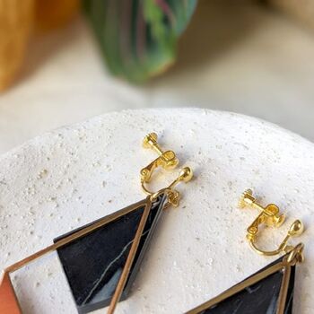 Clip On Earrings Art Deco Black Portoto Marble, 2 of 5