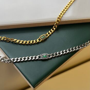 Mens Silver Emerald Green Chain Necklace Stainless Steel, 6 of 12
