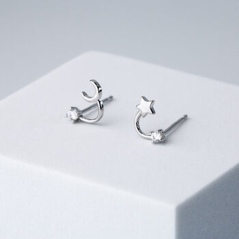 Sterling Silver Asymmetrical Moon And Star Stud Earrings, 3 of 7