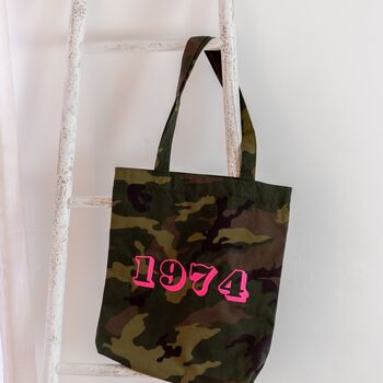 Camo Neon Embroidered Year Tote Bag, 2 of 4