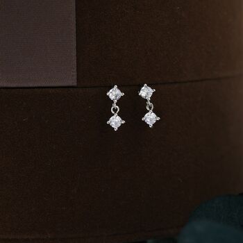 Tiny Double Cz Dangle Stud Earrings Sterling Silver, 4 of 10