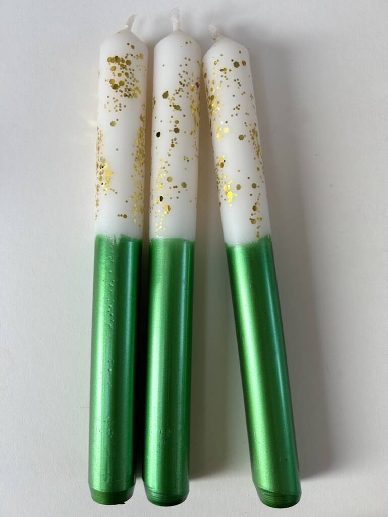 Ivory And Green Glitter Christmas Candles 'Mistletoe Kisses', 1 of 3
