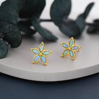 Blue Opal Flower Stud Earrings In Sterling Silver, 5 of 11