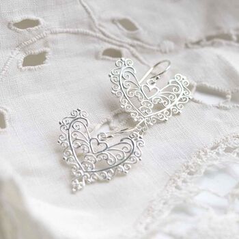 Sterling Silver Dangly Lace Heart Earrings, 5 of 10
