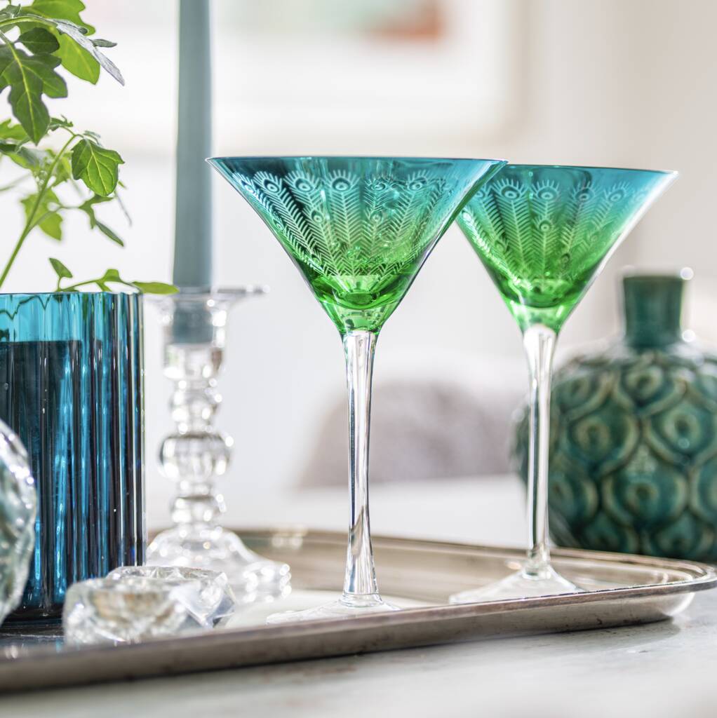 Set Of Two Electroplated Peacock Design Martini Glasses, 1 of 3