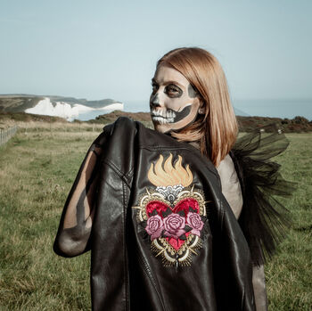 Flaming Heart Anatomical Heart Bride Leather Jacket, 4 of 10