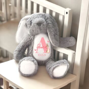 Personalised Initial Baby Birth Girl Bunny Cushion, 2 of 3