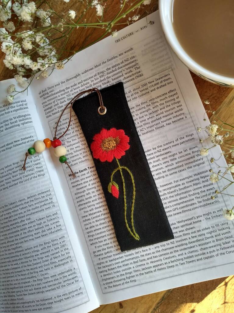 Poppy Hand Embroidered Linen Bookmark By Southsea Linen 