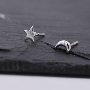Tiny Crescent Moon And Star Stud Earrings, 7 of 11
