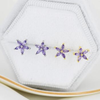 Amethyst Purple Cz Flower Stud Earrings Sterling Silver, 7 of 12