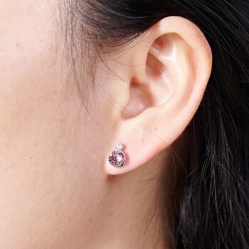 Round Dainty Pink Tourmaline Cz Stone October Silver Stud Earrings, 3 of 9