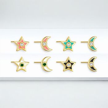 Gold Plated Colourful Star And Moon Stud Earrings, 2 of 7