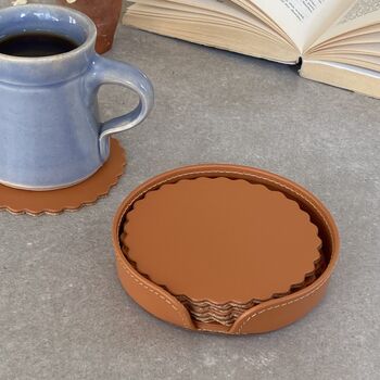Six Recycled Leather Scalloped Coasters And Holder, 5 of 5