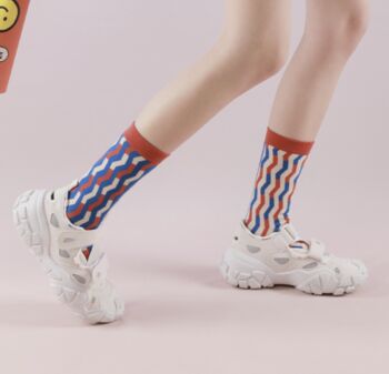 Blue Zig Zag Mid Calf Length Socks, 2 of 4