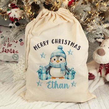 Personalised Penguin Large Christmas Cotton Santa Gift Sack, 2 of 3