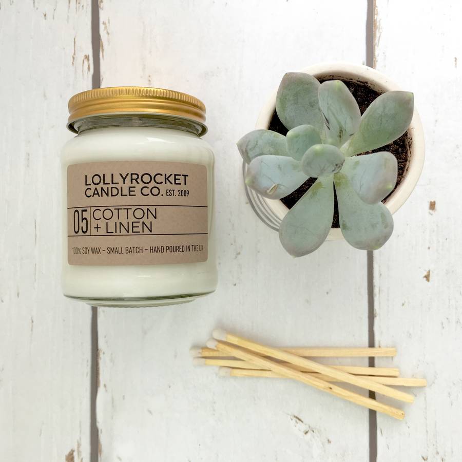 cotton + linen scented natural soy candle by lollyrocket candle co