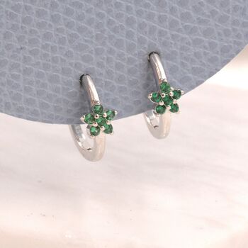 Emerald Green Cz Flower Huggie Hoop Earrings, 9 of 12