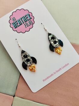 Rocket Glitter Resin Earrings / Space Science Gift Astronaut And Physics Jewellery / Sparkly Sci Fi Accessory / Reach For The Stars Graduation Gift Inspirational Space Jewellery, 3 of 5