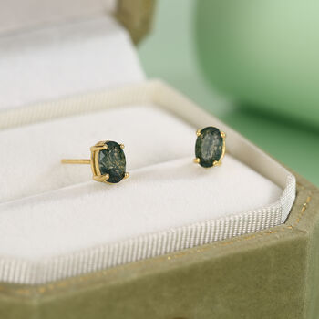 Sterling Silver Moss Agate 4x6mm Oval Stud Earrings, 4 of 11