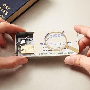 Personalised Morse Code Brass Keyring And Decoder In A Tin, 2 of 6