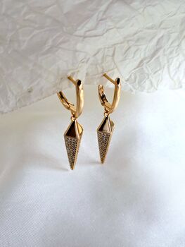 Rose Gold Geometric Cz Pave Spike Drop Earrings Rectangle Hoops, 3 of 10