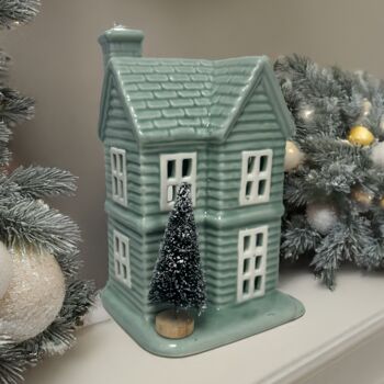 Sage Ceramic House Christmas Tealight Holder, 2 of 4