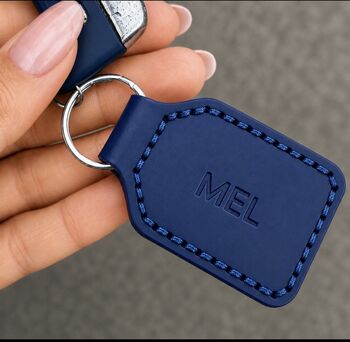 Personalised Dark Blue Hand Stitched Leather Key Fob, 3 of 7