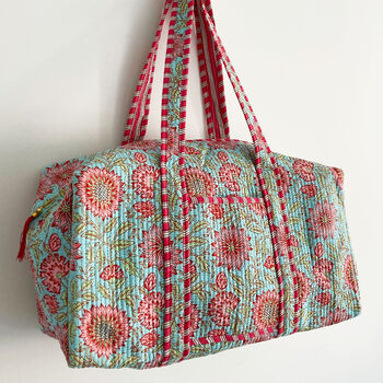 Weekend Duffle Bag | Blue And Pink Flower Block Print, 5 of 5