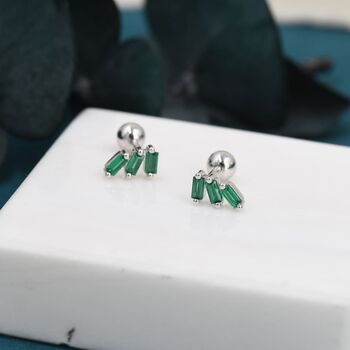 Sterling Silver Emerald Green Baguette Trio Cz Screw Back Earrings, 8 of 12