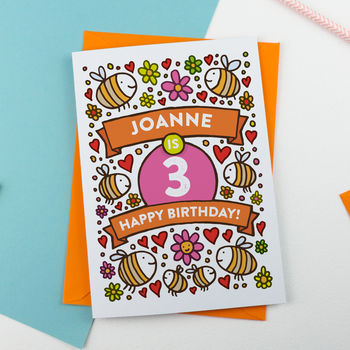 Personalised Bee's Illustrated 3rd Birthday Card, 2 of 2