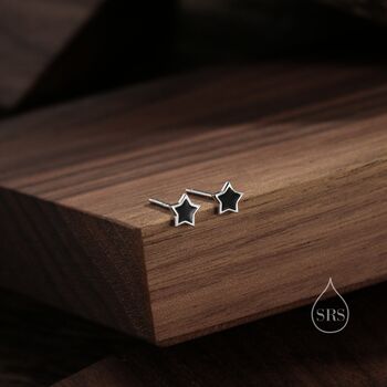 Tiny Black Enamel Star Stud Earrings In Sterling Silver, 2 of 11