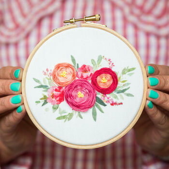 Raspberry And Peach Bouquet Embroidery Hoop Kit, 8 of 9