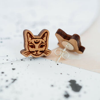 Wooden Mystic Cat Stud Earrings, 3 of 3
