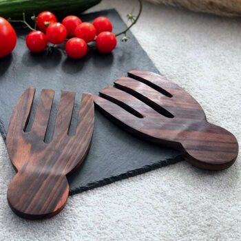 Hand Shaped Wooden Salad Server Spoons And Salad Tongs, 4 of 7