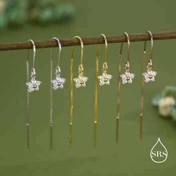 Sterling Silver Cz Flower U Shape Threader Earrings, 2 of 11