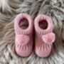 Rose Pink Knitted Baby Booties With Pom Pom, thumbnail 3 of 8