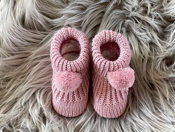 Rose Pink Knitted Baby Booties With Pom Pom, 3 of 8
