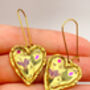 Gold Heart Earrings With Pink Flowers, thumbnail 3 of 10